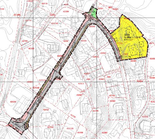 Planområdet er på 5,3 daa og omfatter to eksisterende eneboligtomter. Figur 1 og 2. t.v. utsnitt av plankart, t.h. oversiktskart med gul markering av planområdet.