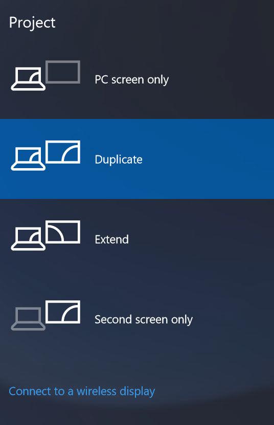 3 Velg ett av følgende skjermmodi: Kun PC-skjerm Duplicate (Dupliser) Utvid Kun andre