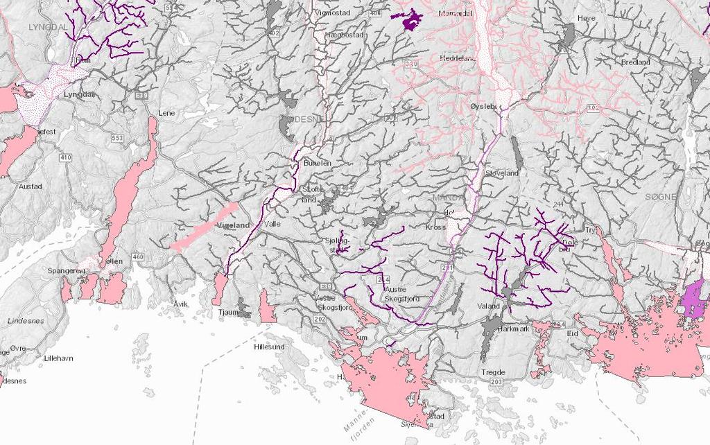 Det kan være vanskelig å skille mellom lokal og langtransportert utslipp av næringsstoffer i kystvann. Figur 4.2. Mørke farger viser stor påvirkning av tilsig fra jordbruk. Kilde VannNett Portal 25.