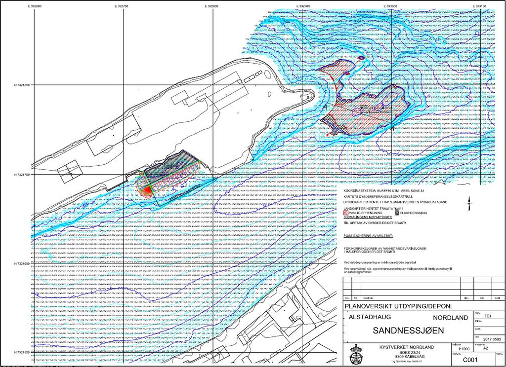 Figur 1: Planoversikt mudring/utdyping til høyre, utfylling til venstre. Illustrasjonen er hentet fra den oppdaterte søknaden.