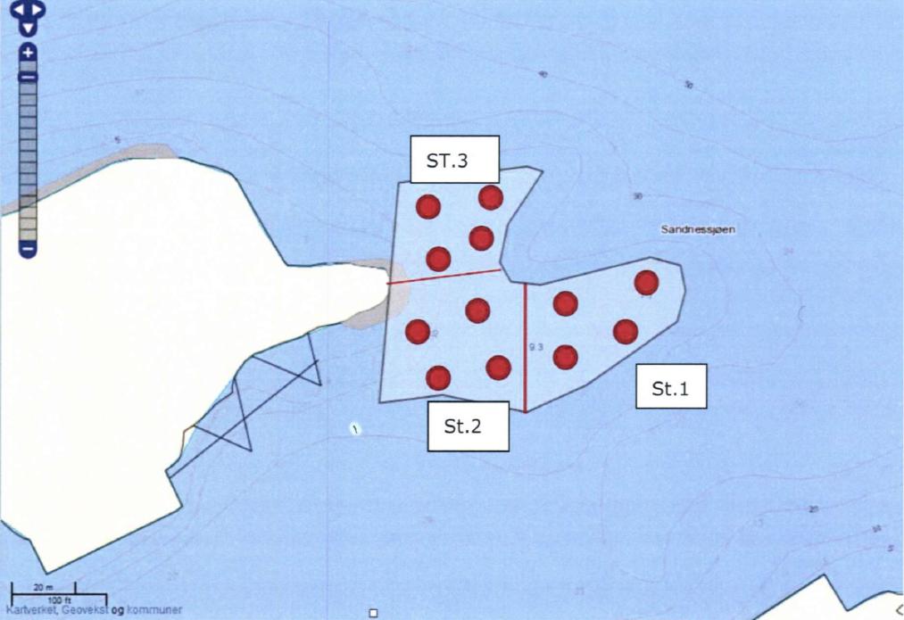Figur 3. Plassering av prøvepunkter for sedimentanalyse (røde sirkler). Illustrasjon er hentet fra søknad. Tabell 1: Miljødirektoratets tilstandsklasser for forurenset sediment.