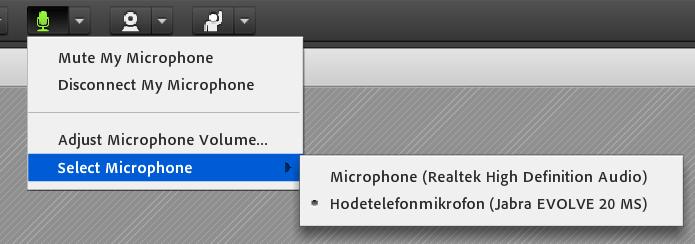 Mikrofon ingen lyd Pass på at mikrofonen er aktivert og slått på i Adobe Connect. Symbolet for mikrofon på verktøylinja øverst i nettrommet skal lyse grønt som på figuren under.