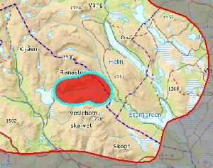 Figur 9: Eksklusjonsforslag 7-02ra. Bakgrunnskart: Kartverket. Forslag 7-03ra Riksantikvarens begrunnelse for eksklusjonsforslaget: Det intakte stølslandskapet her må ekskluderes.