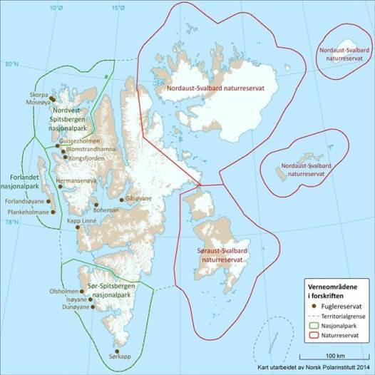 Figur 4.1 Verneområder ved/på Svalbard. Det er forbudt for skip å bruke eller ha med tungolje i naturreservatene på østsiden av Svalbard og i de tre store nasjonalparkene i vest.