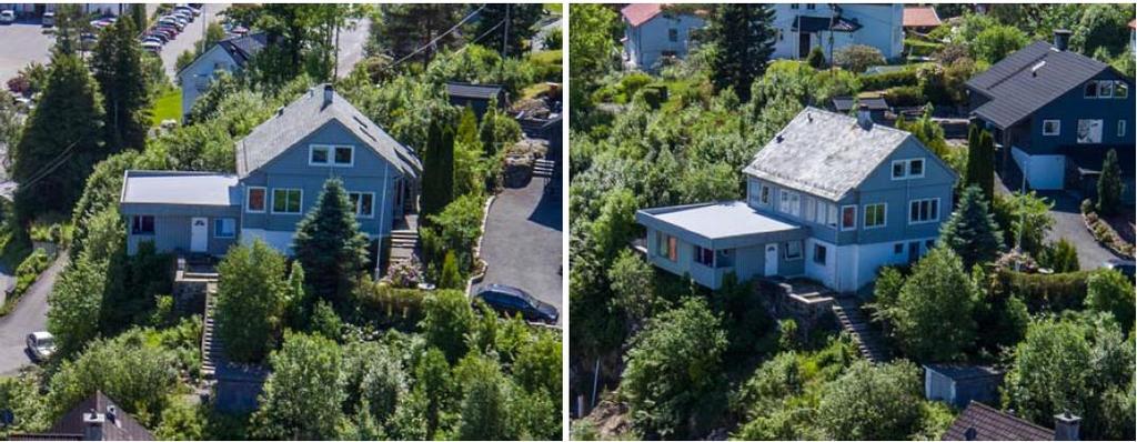 Tilbygget har stående kledning og flatt tak. Gråsteinsmurene som bygger opp utearealet rundt huset er tidstypiske.