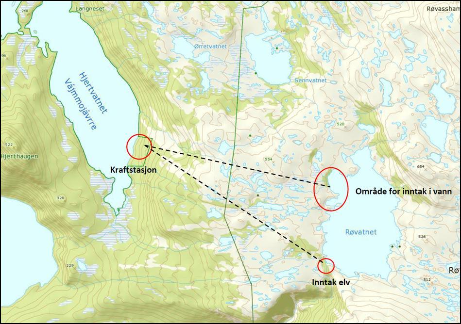 Sammendrag Del 2 Røvatn kraftverk, ny vannvei og inntaksplassering: 1. Overføring av vann fra Røvasselva til Hjertvatn ved hjelp av bekkeinntak og tunnel utgår. 2. Inntak etableres direkte i Rødvatn og vannveiens trasé justeres i henhold til dette.