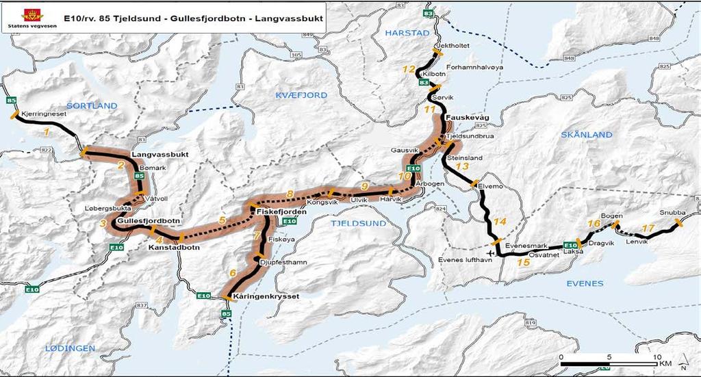 6 Figur 2: OPS-prosjektet med parsellinndelinger. Med bakgrunn i KVU og NTP 2014-2023 ble det i 2014 besluttet av Regionvegsjefen i region nord at planarbeidet for K2 Evenes-Sortland skulle starte.