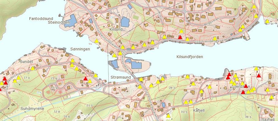 Figur 9. SEFRAK-registrerte bygg i Kilsund (gule g røde trekanter). På østsiden av Hlmen er det en byste av Jan Staub samt frtøyningsblter (trlig fra 1974 77) sm ble brukt av SS Sørlandet.
