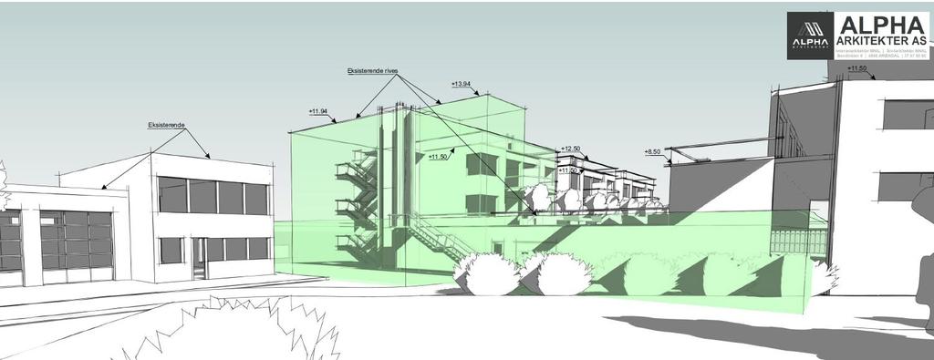 Illustrasjn av eksisterende bygg sm skal rives (vist med grønt) g nytt bygg.