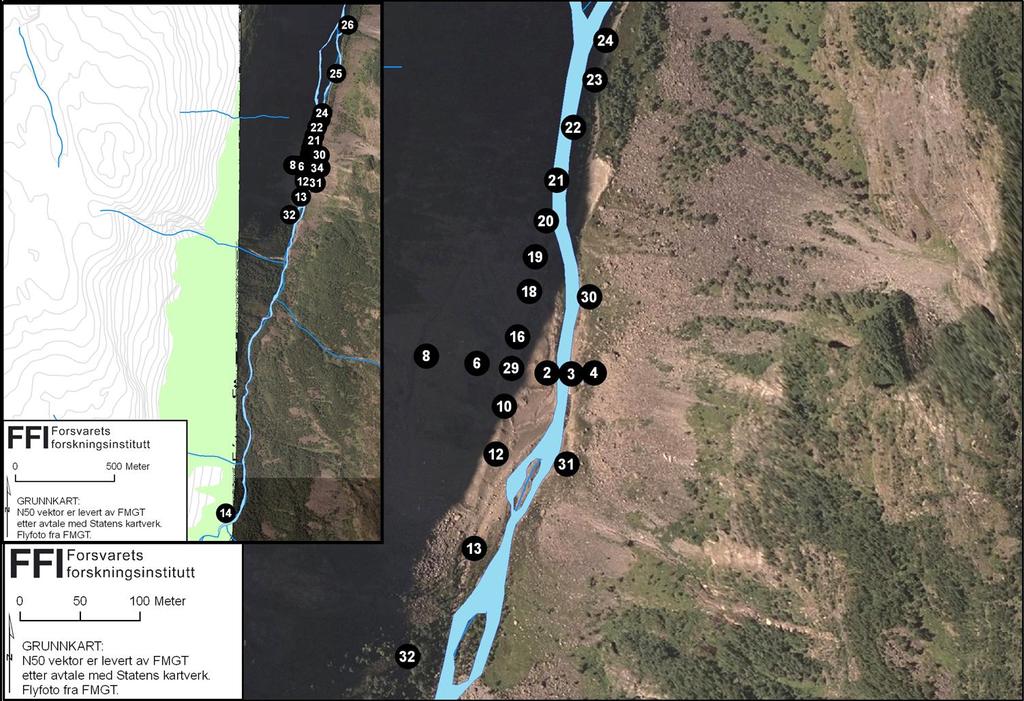 Figur 2.1 Oversikt over lokaliseringen til de prøvepunktene som ble prøvetatt i Øyradalen i 2008. 2.2 Prøvetaking i Tønjumdalen Det ble foretatt en del målinger av tungmetaller i felt med XRF i nærområdet til forbrenningsovnen.