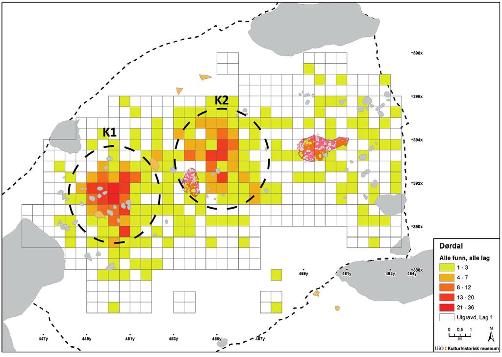 148 E18 Rugtvedt Dørdal Figur 13.8. Oversikt over alle funn fra Dørdal. K1 og K2 er markert.