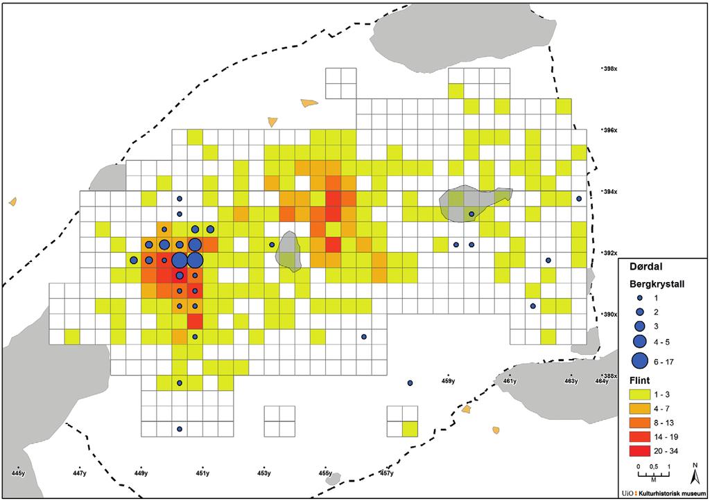 149 Figur 13.9. Oversikt over spredning av bergkrystall og flint fra Dørdal. med varierende intensitet. To områder med høyere tetthet av funn skiller seg ut, her kalt K1 og K2 (figur 13.8).