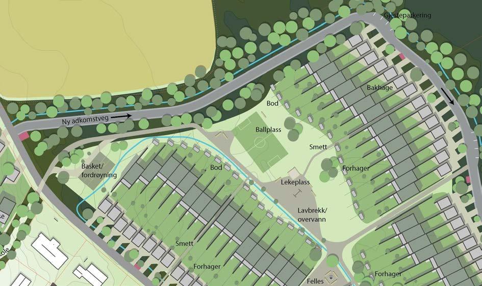 Utsnitt av nordre del av 27/1 Overvann håndteres sentralt i området, langs gang- og sykkelvegen, samt langs ytterkanten av området langs den nye