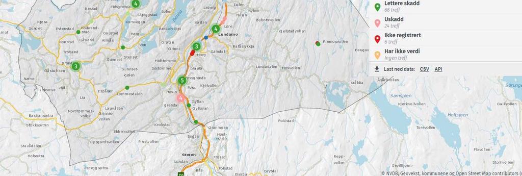 Ut fra de registreringene som er gjort, viser det helt klart at E6, E39, samt første del av fv. 708 (fra E6 til Ånøya) er de mest ulykkesbelastede strekningene i Melhus kommune. 4.