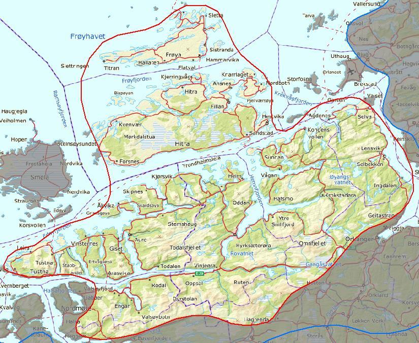 Innledende beskrivelse av området AREAL: 5150 km 2 KOMMUNER: Halsa, Aure, Rindal, Hemne, Hitra, Frøya, Snillfjord, Agdenes, Orkdal, Surnadal.