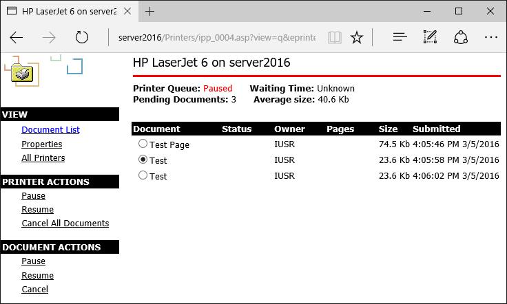 Administrere IPP skrivere fra nettleser IPP skriverkøer kan administreres fra webleseren De samme funksjoner som i skrivervinduet i Windows.