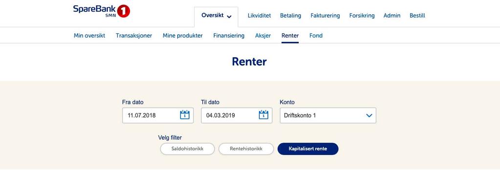 Likviditet Viser grafisk fremstilling av likviditet eller saldo. Det er mulig å sammenligne to perioder og du kan velge å se på en, flere eller alle kontoer.