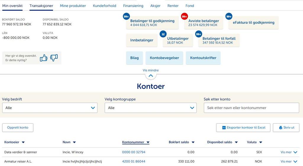 Oversikt - «Min oversikt» Forsiden viser nøkkelinformasjon, kontooversikt og snarveier til de mest brukte funksjonene i nettbanken.