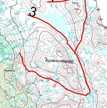 03. Auvervasseggi Lengde: 10 km Høgfjellsløype som utvidar løypenettet sørover frå Auversvatn. Dette er søndre del av den lange traseen i Hovdentourløypa.