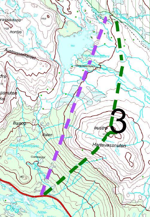 3. Austre Hartevassnuten Lengde: ca 4 km Fot og sykkelløype over eller langs foten av Hartevassnuten til Byrtemannsbekken.