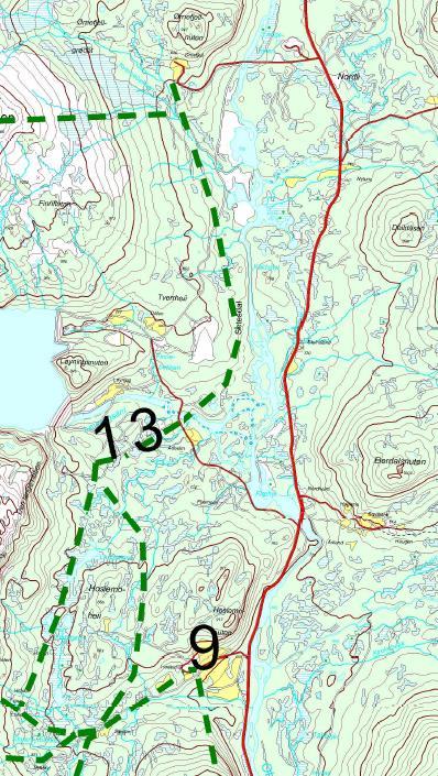 13. Hoslemoheii Lengde: ca 6 km Barmarksløype i «låglandet» Tilhøva til strategi for framtidig løypestruktur - område, hyttefelt, veg Ingen konflikt Ingen konflikt Krysser veg, bro og hyttefelt