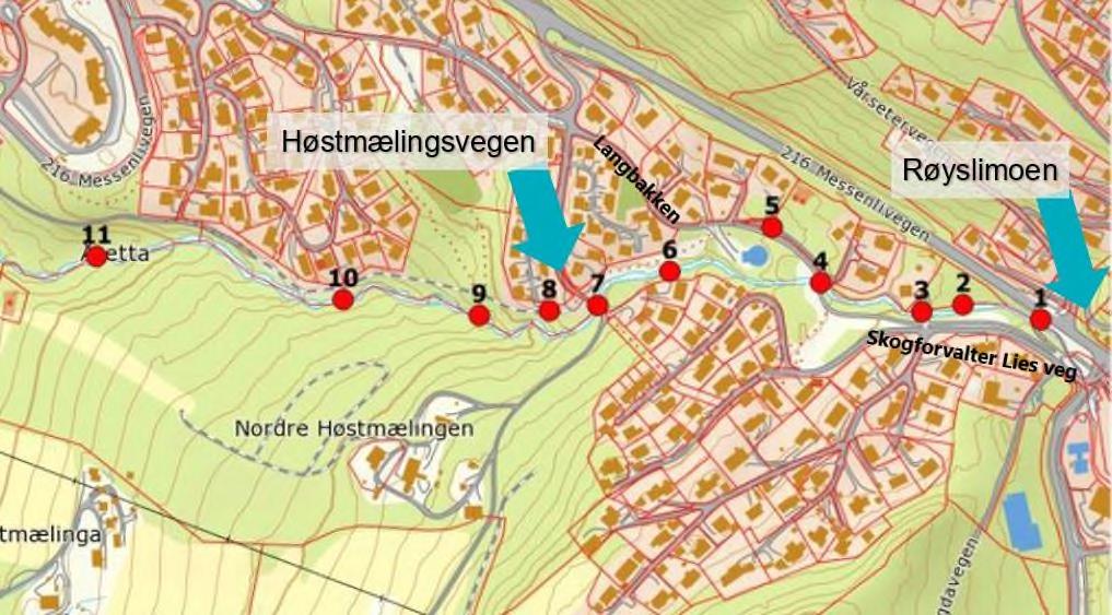 Fra Røyslimoen ned til Høstmælingsvegen Strekningens lengde: ca. 480 meter Gjennomsnittsfall: ca.