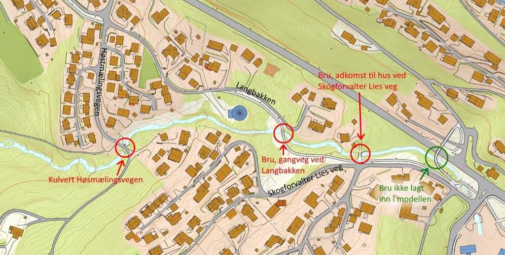 Figur 20.4. Kartskisse med oversikt over bruer/kulverter på første delstrekning fra Røyslimoen og ned til Høstmælingsvegen. Røyslivegen nede til høyre.
