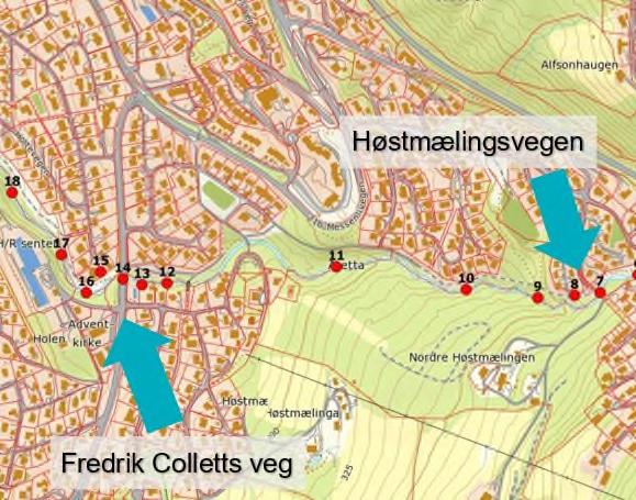 Høstmælingsvegen til Fredrik Colletts Veg Strekningens lengde: Gjennomsnittsfall: Bredde elveløp: ca. 900 meter ca. 11-12 %.