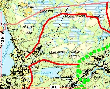 Bilde 5: Viser deler av snøscooterklubbens nye forslag ved Leksdalsvatnet og Kjesbuvatnet. Kraftgaten i området er markert med svart strek.