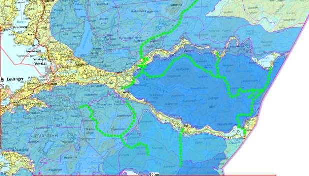 Bilde 7: Viser utdrag fra reinbeitekart over Verdal kommune. Blå farge markerer vinterbeiteområder for tamrein.