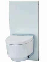 Toalett VVS Elegant sisterne i hvitt glass og børstet aluminium med veggskål i porselen. Med quick release-funksjonen kan setet enkelt tas av for å lette rengjøringen.