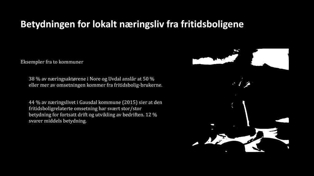 Betydningen for lokalt næringsliv fra fritidsboligene Eksempler fra to kommuner 38 % av næringsaktørene i Nore og Uvdal anslår at 50 % eller mer av omsetningen kommer fra fritidsbolig - brukerne.