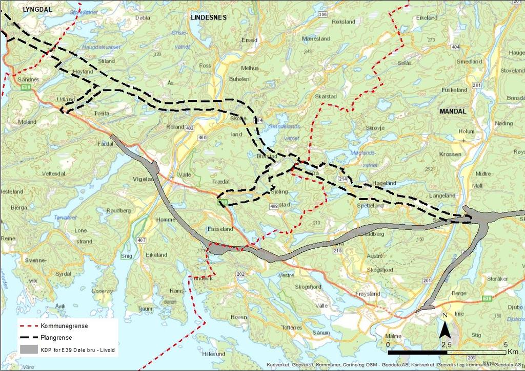 kommunedelplan for ny E39 fra Fardal i Lindesnes kommune til Vatlandstunnelen i Lyngdal kommune. Planforslaget er i stor grad ikke i tråd med kommunedelplanen.