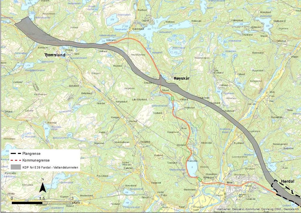 Områdereguleringen for E39 Mandal Lyngdal øst forholder seg til dette prosjektet ved avgrensning i vest. Figur 4-11 Viser KDP fra Fardal til Vatlandstunnelen (grått), fra Herdal i Lyngdal kommune.
