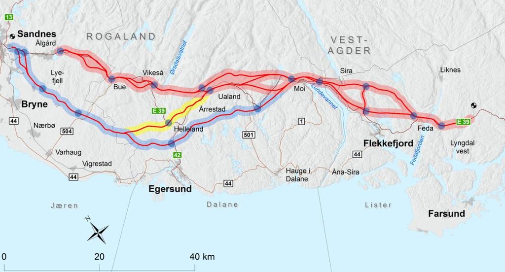 Figur 4-12 Statens Vegvesens forslag på tre hovedkorridorer for ny motorvei fra Lyngdal i Vest-Agder til Sandnes i Rogaland. Indre (rød), ytre (blå) og midtre (gul). Kilde: Statens Vegvesen 4.