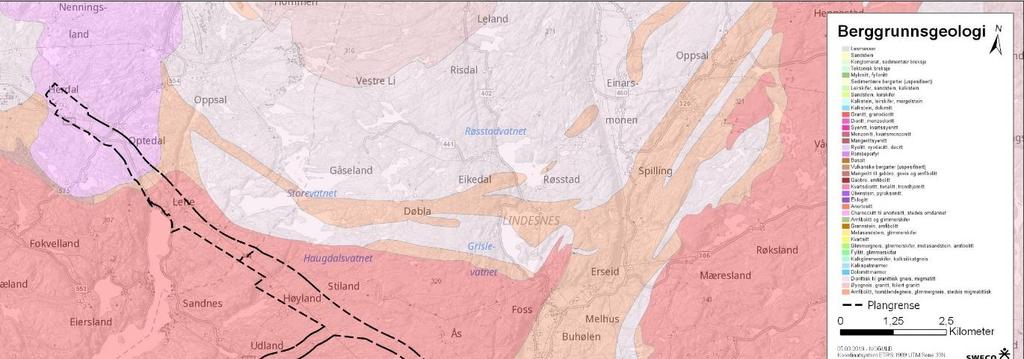 Figur 5-2 Geologisk kart over området i N250. Mørkerød farge er granittiske bergarter, lys lilla er øyegneis, lyse brun farge er bergarter med innslag av amfibiolitt.