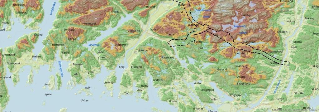 Figur 5-3 Kartet viser hvordan utredningsområdet er delt av dalene rundt Mandalselva i øst, Audnedalen i midten og Lenefjorden vest i planområdet. Mellom disse dalene ligger to skogs- og heiområder.