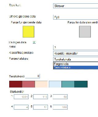 Figur 7: Konfigurasjon skravurkart med to fargeskalaer Figur 8: Konfigurasjon skravurkart én fargeskala, med valg av klassifikasjonsmetode I Figur 7 er terskelskala (2 fargeskalaer) valgt, og det