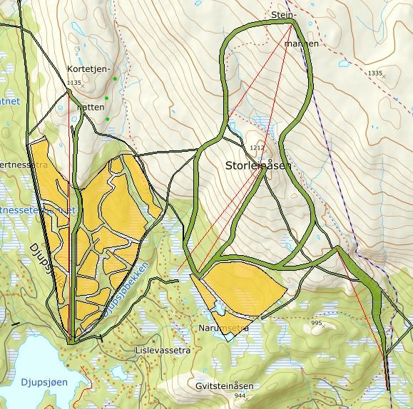 OMRÅDE: Djupsjøen H53a-d Djupsjøen/Djupsjølia Gbnr 141/1 Innspill: 4 Dagens formål: LNF Foreslått formål: Fritidsbebyggelse Arealstørrelse: Totalt 1100 daa Moh.