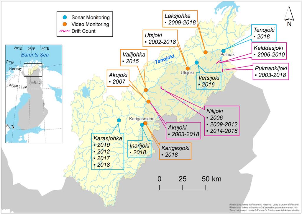 Figur 7. Kart over Tanavassdraget som viser de viktigste tellelokalitetene og tellemetodene i årene fra 2002 til. 2.4.