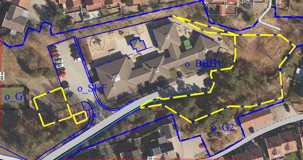 Kartutsnitt 3: Gule områder viser nye arealer som foreslås tatt i bruk til parkering og utvidelse av uteområdet til barnehagen med utgangspunkt i dagens bruk. De gule områdene utgjør ca. 2100m2.