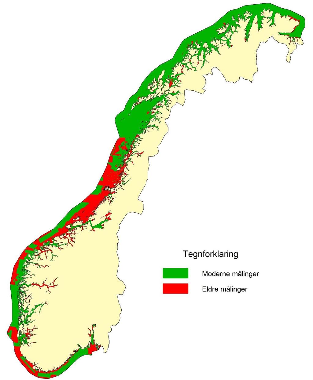 Status for norskekysten 0 20 meters dyp: 65 prosent er ennå ikke dekket med