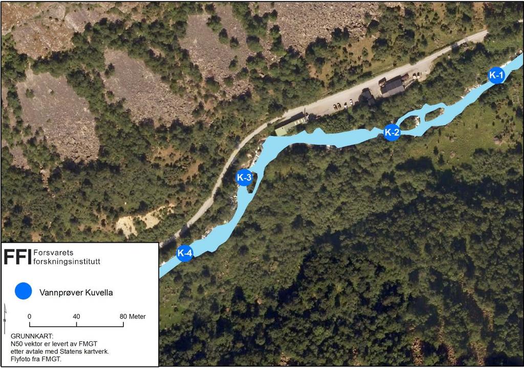 Figur 2.4 Oversikt over lokaliseringen til vannprøver tatt i Kuvella i 2013. 2.2 Analyse Jord- og vannprøver ble oppbevart i kjøleskap hos FFI frem til videre behandling (1-2 måneder).