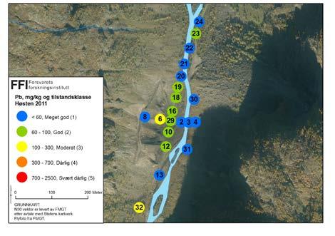 Figur 3.5 Konsentrasjonsnivåer av bly i jordprøver tatt fra Øyradalen i 2011 og 2012.