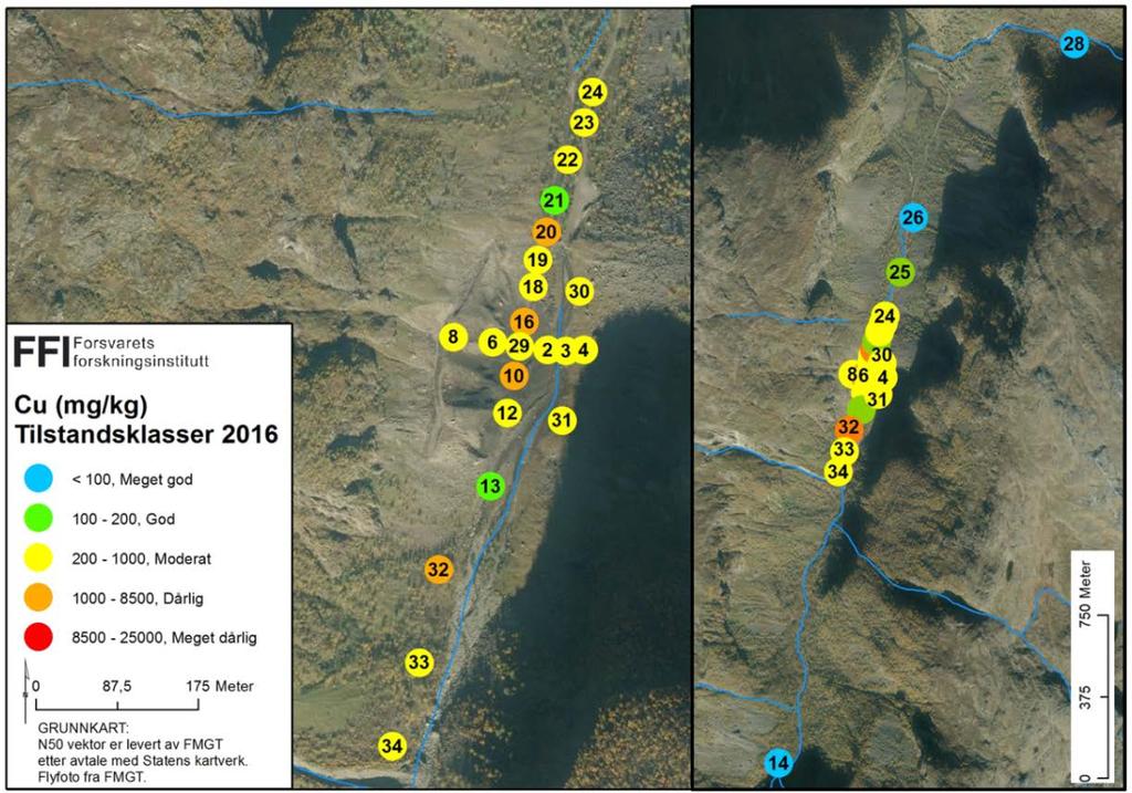 Figur 3.1 Konsentrasjonsnivåer av kobber i jordprøver tatt fra Øyradalen i 2016.