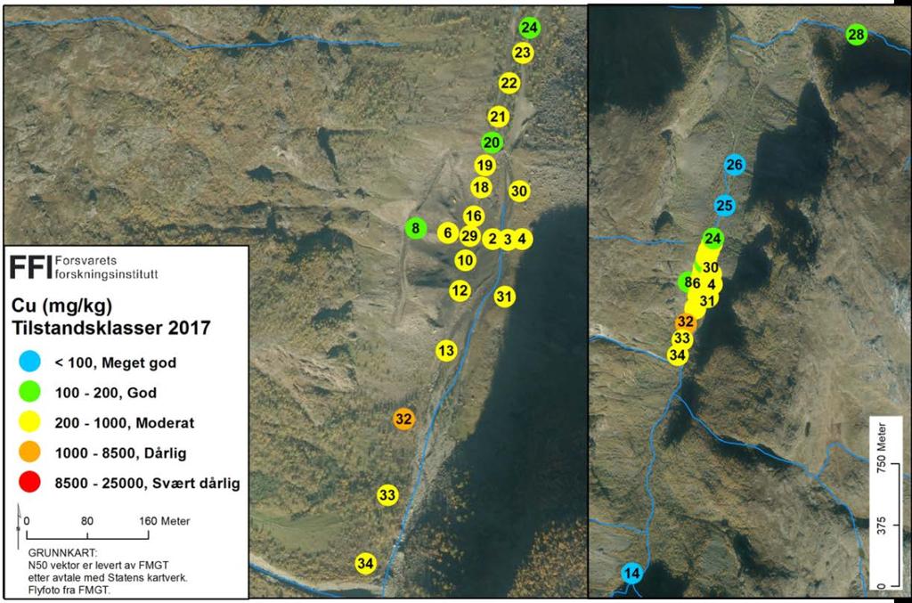 2 Konsentrasjonsnivåer av kobber i jordprøver tatt fra Øyradalen i 2017.