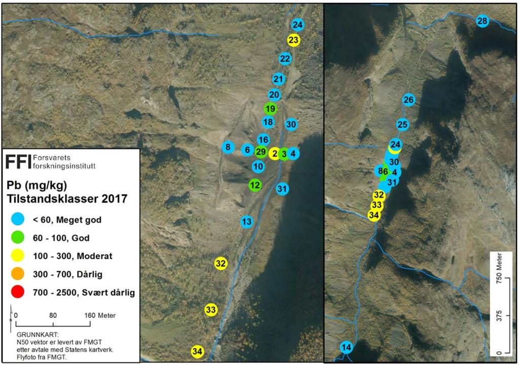 Figur 3.4 Konsentrasjonsnivåer av bly i jordprøver tatt fra Øyradalen i 2016. Verdiene er gruppert etter helsebaserte tilstandsklasser (Tabell 1.1). Figur 3.