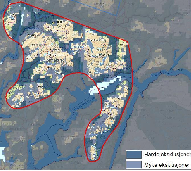 I tillegg kommer fjellområdene mellom Sørfjorden og Hardangerfjorden, sørover mot Folgefonna, i tillegg til en snipp av Osterøy i nordvest.