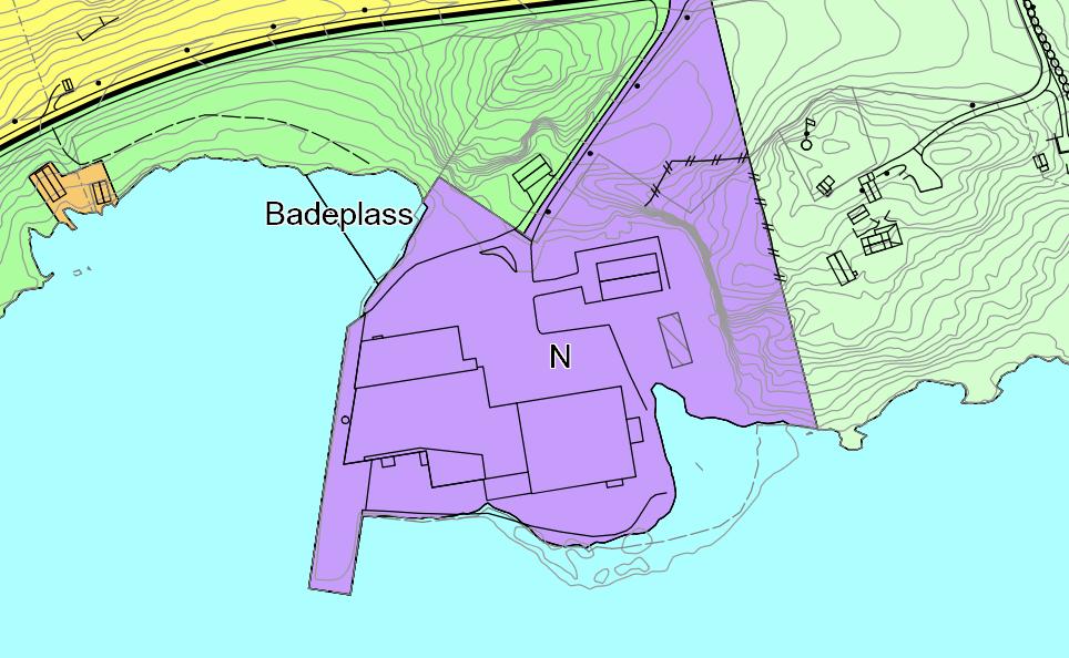 Nordplan side 3 av 6 Over: Utsnitt av kommuneplanens arealdel, hentet fra kommunens kartside på nettet. Landarealet er satt av til «N» for næringsbebyggelse/industri.