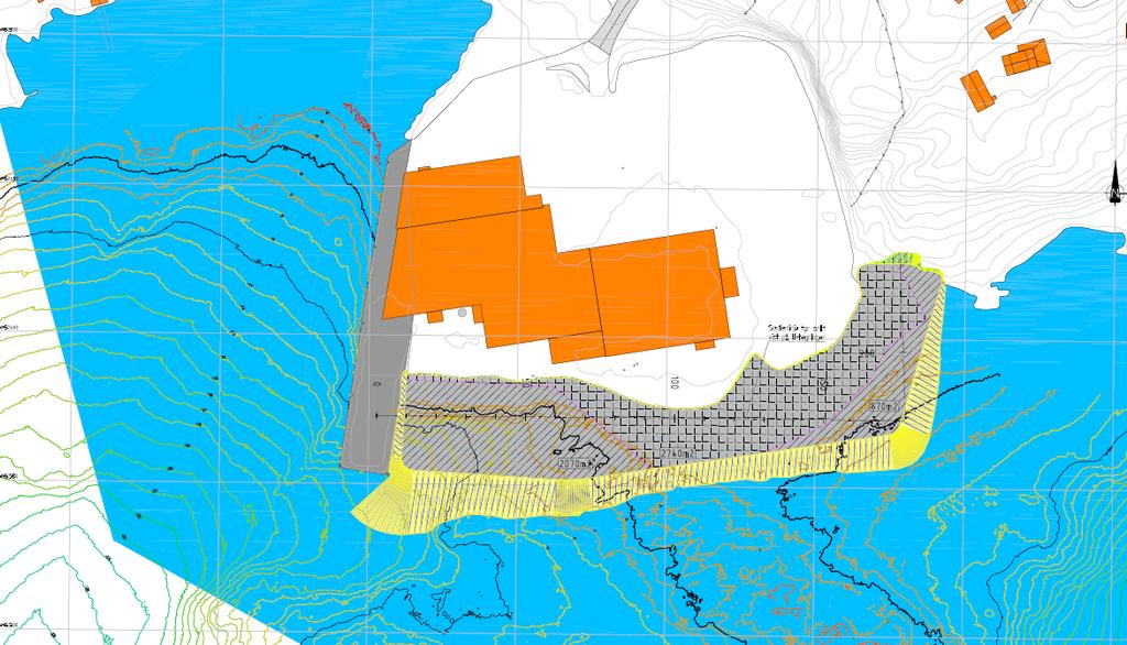Nordplan side 4 av 6 Situasjonsplan viser utstrekning av utfylling i sjø, laget av Nordplan AS. Det som er skrå-markert er ny utfylling, øvrig grå markering er eksisterende fylling og kai.